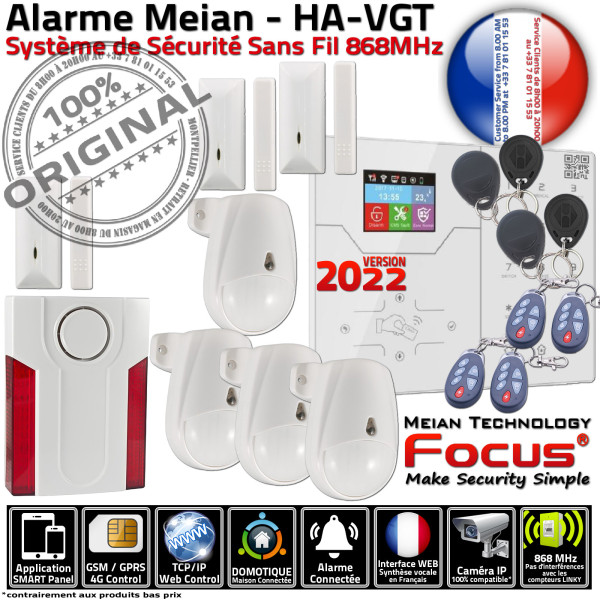 F4 ORIGINAL Meian HA-VGT Sécurité Alarme Ouverture Appartement Connecté Système Sirène FOCUS GSM Capteur Magnétique Mouvement Dé