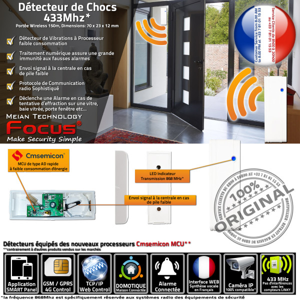 MD-2018R 433MHz Meian 433 Centrale Avertisseur Sonde Chocs Domotique FOCUS Détection Alarme Réseau Connectée MHz Vibrations Déte